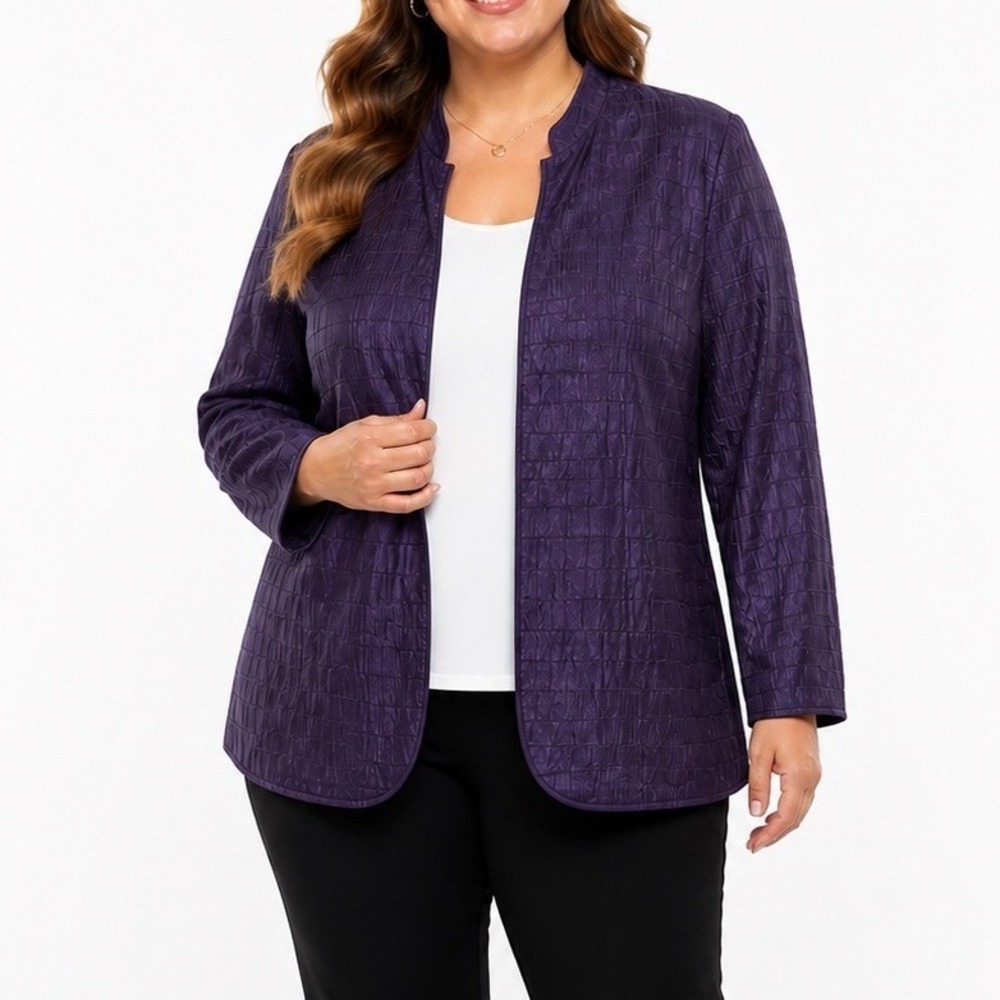 Alfred Dunner Woman Purple Textured Open Front Jacket Blazer Stand Collar 16W